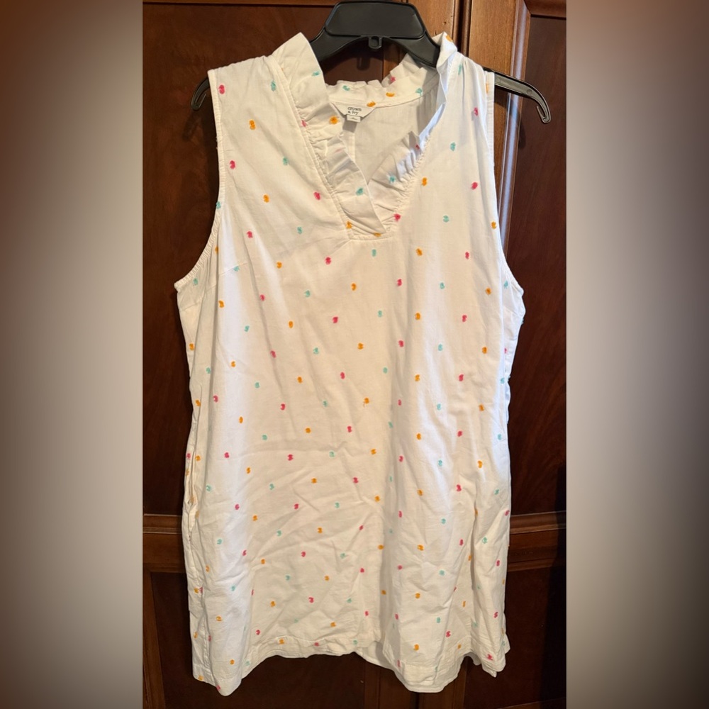 crown & ivy White Sleeveless Mini Dress with Pink, Yellow & Aqua Embroidery